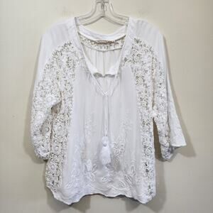Soft Surroundings crochet lace & floral embroidered with tassel tie blouse sz LP